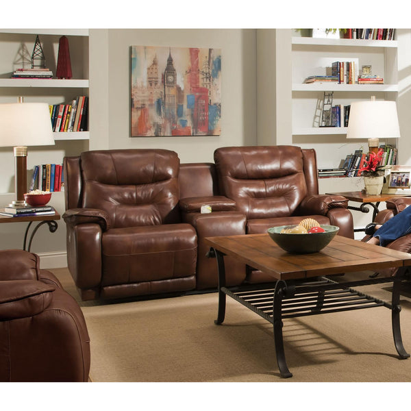 Southern Motion Cresent Reclining Leather Sofa Crescent 874-28 Double Reclining Console Sofa Brown IMAGE 1