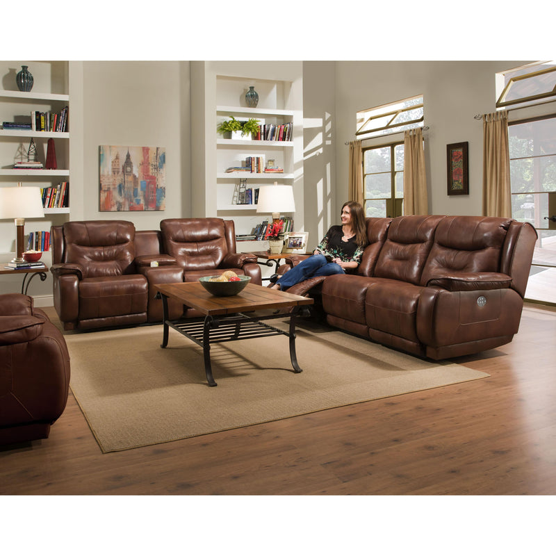 Southern Motion Cresent Reclining Leather Sofa Crescent 874-28 Double Reclining Console Sofa Brown IMAGE 2