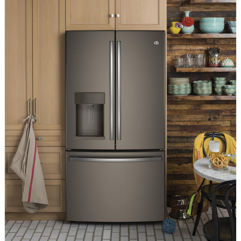 GE 36-inch, 27.8 cu.ft. Freestanding French 3-Door Refrigerator with Ice and Water Dispensing System GFE28GMKES IMAGE 6