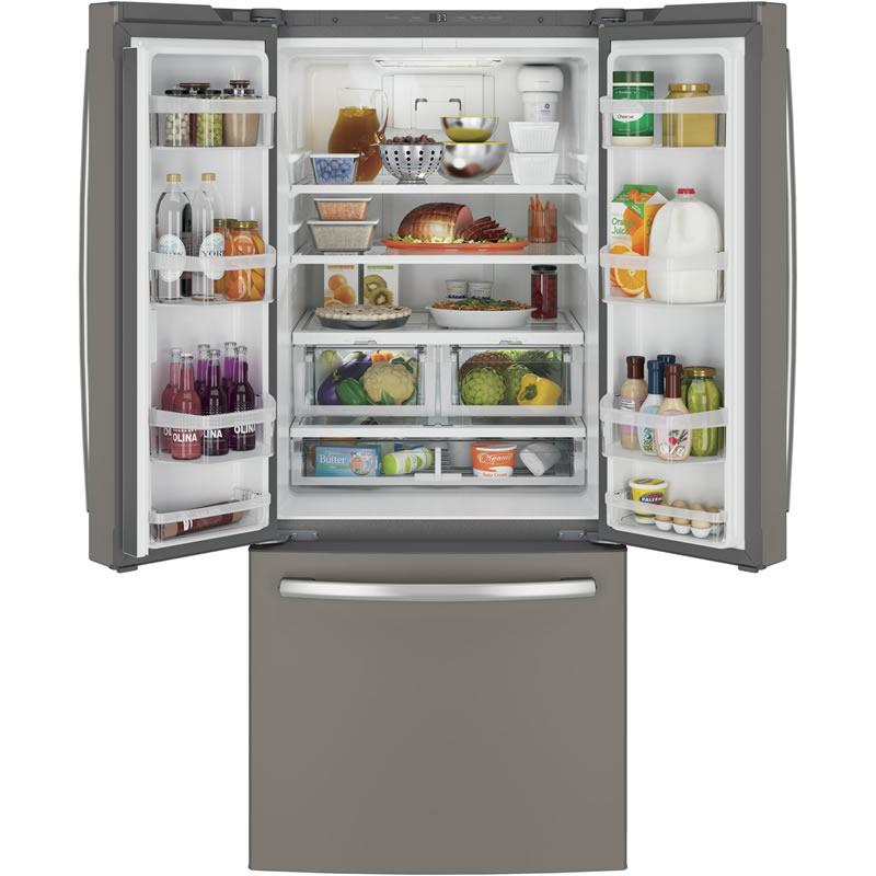 GE 30-inch, 20.8 cu.ft. Freestanding French 3-Door Refrigerator with Interior Ice Maker GNE21FMKES IMAGE 2