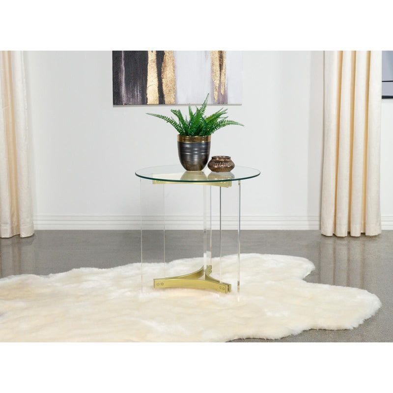Coaster Furniture Janessa 710067 Round Glass Top Acrylic Leg End Table - Matte Brass IMAGE 9