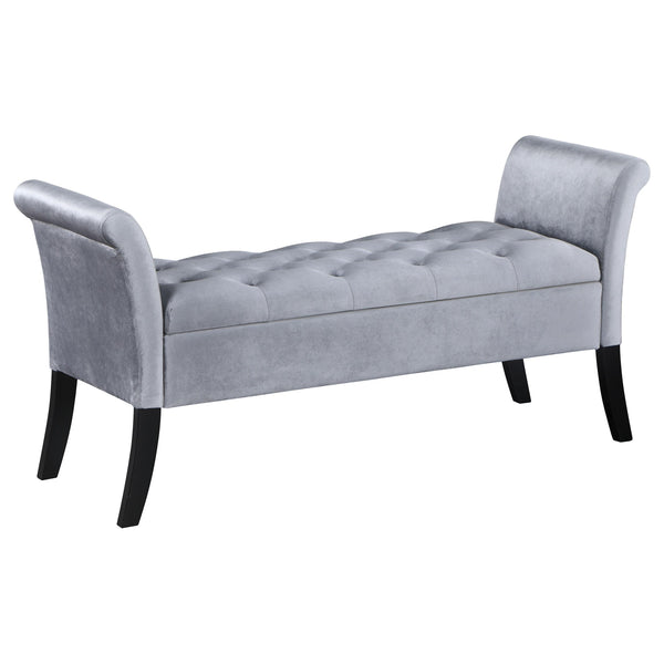 Coaster Furniture Farrah 910239 Velvet Upholstered Rolled Arm Storage Bench - Silver IMAGE 1