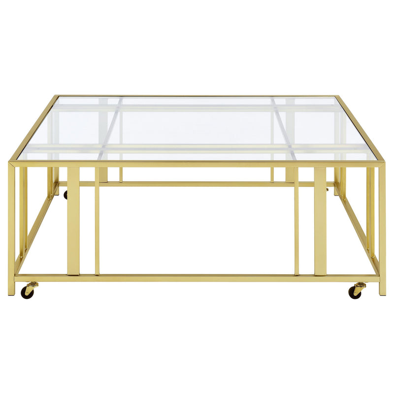  Coaster Furniture Adri 710188 Square Glass Top Coffee Table with Casters - Matte Brass IMAGE 3