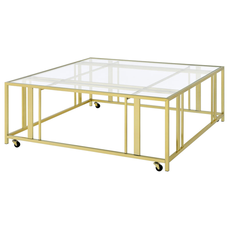  Coaster Furniture Adri 710188 Square Glass Top Coffee Table with Casters - Matte Brass IMAGE 4