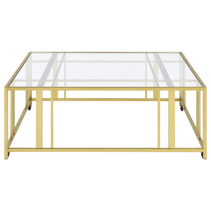  Coaster Furniture Adri 710188 Square Glass Top Coffee Table with Casters - Matte Brass IMAGE 5