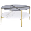Coaster Furniture Jonelle 710338 Round Glass Top Coffee Table - White Marble Shelf Gold IMAGE 4